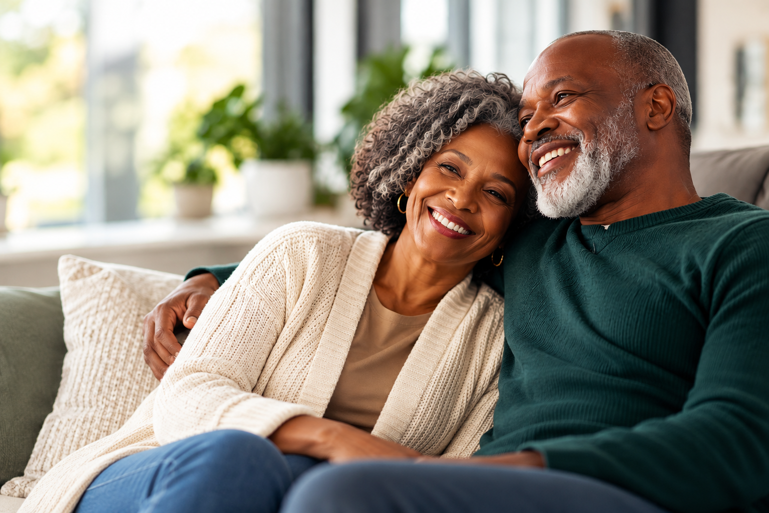 Smiling couple relaxing together at home